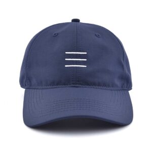 Front view of dark blue nylon baseball cap dad cap with 3 white stripes KN2102271