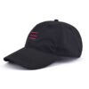 Left view of black nylon baseball cap dad cap with 3 red stripes KN2102271