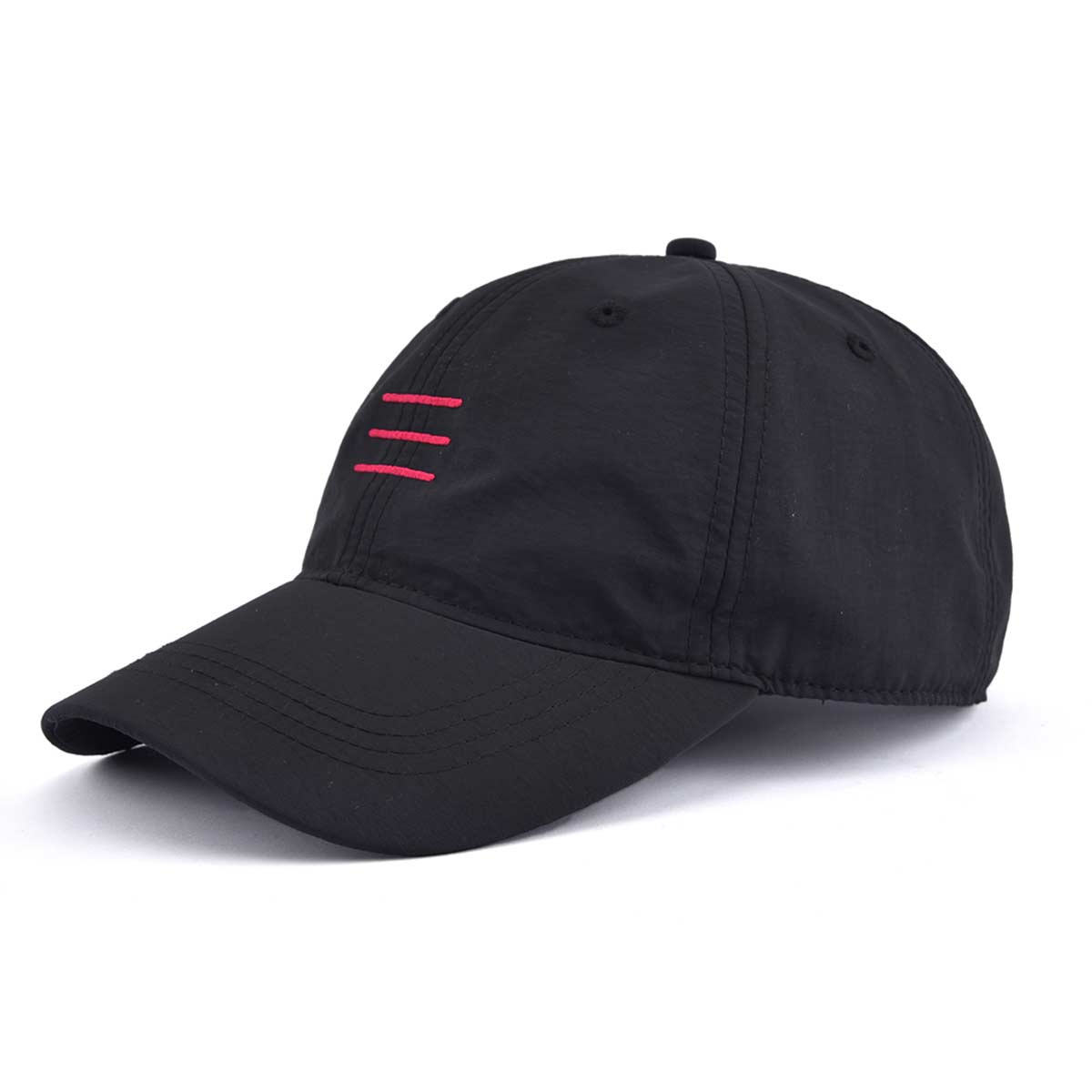 Left view of black nylon baseball cap dad cap with 3 red stripes KN2102271 Left view of black nylon baseball cap dad cap with 3 red stripes KN2102271