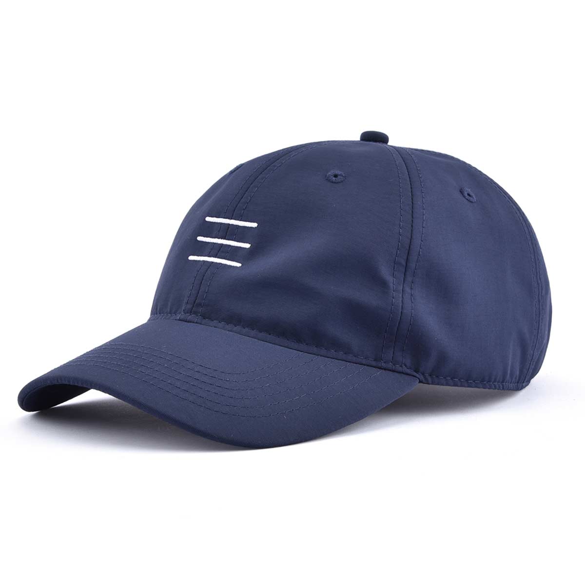 Left view of dark blue nylon baseball cap dad capwith 3 white stripes KN2102271 Left view of dark blue nylon baseball cap dad capwith 3 white stripes KN2102271
