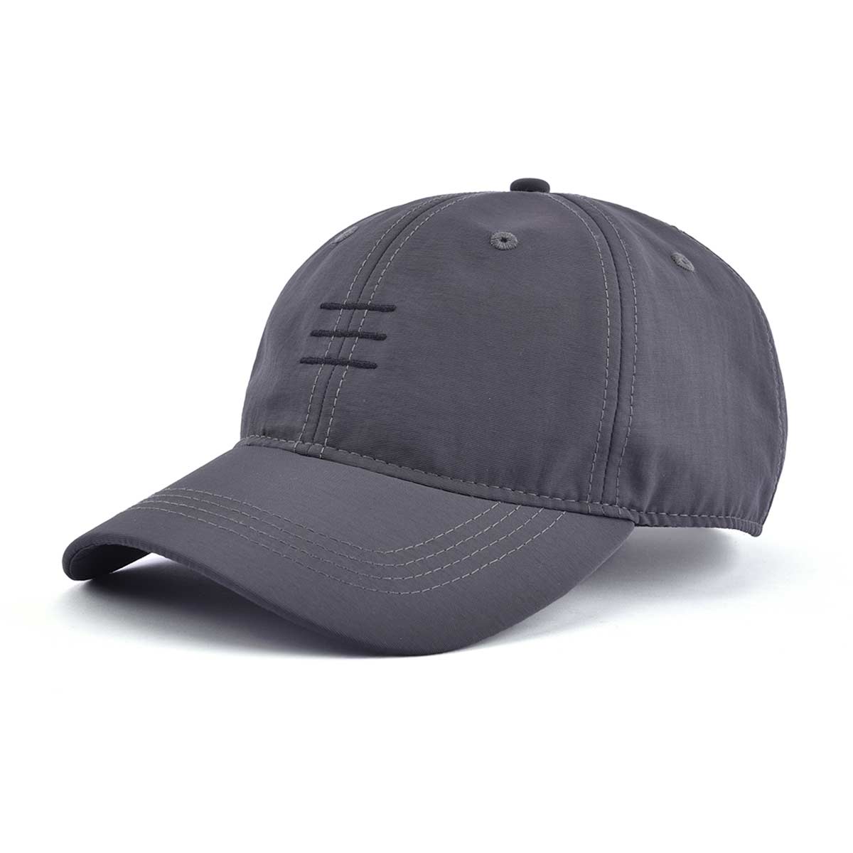 Left view of grey blue nylon baseball cap dad cap with 3 stripes KN2102271 Left view of grey blue nylon baseball cap dad cap with 3 stripes KN2102271