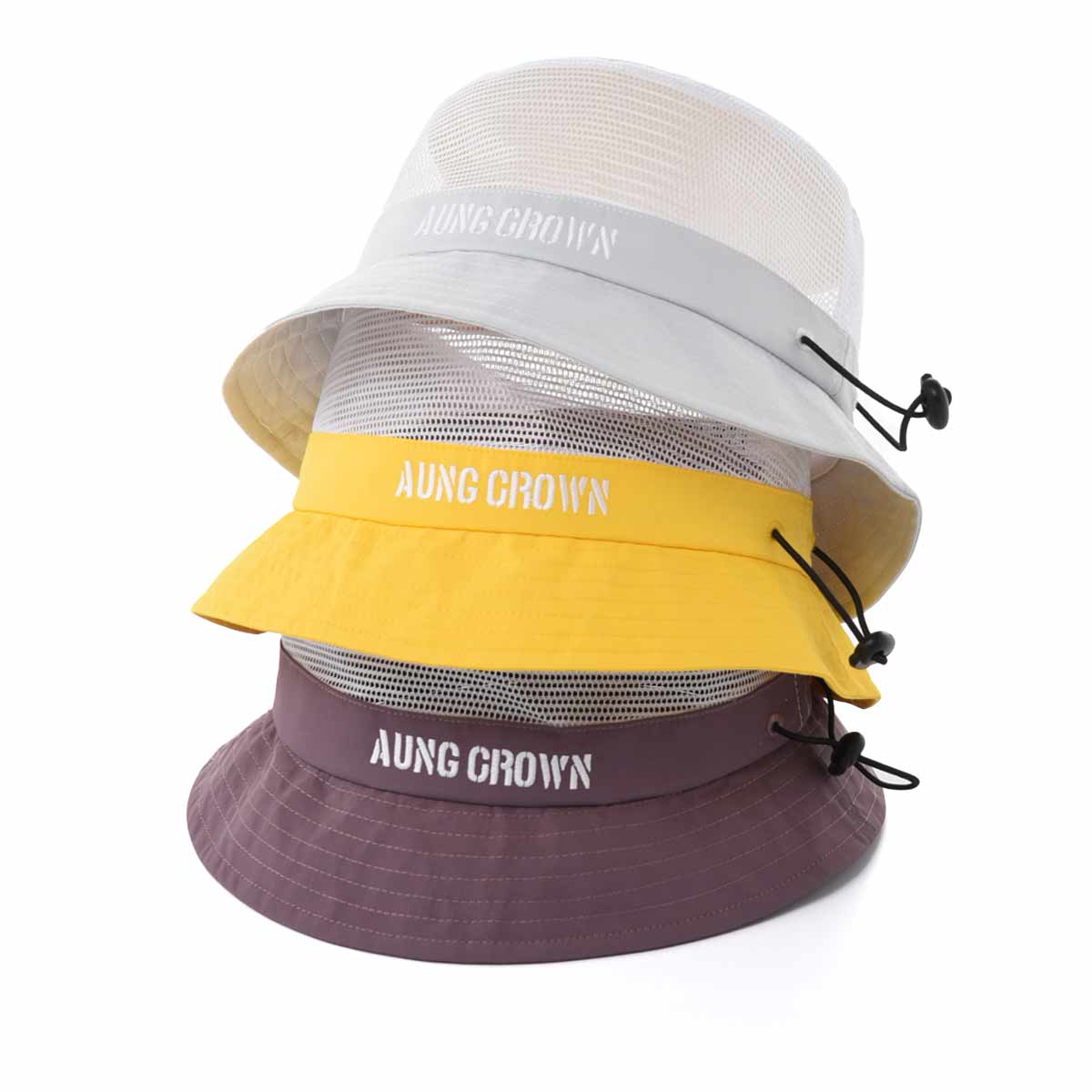 Aung Crown Mesh bucket hat in yellow, gray, or purple SFG-210318-1 Aung Crown Mesh bucket hat in yellow, gray, or purple SFG-210318-1