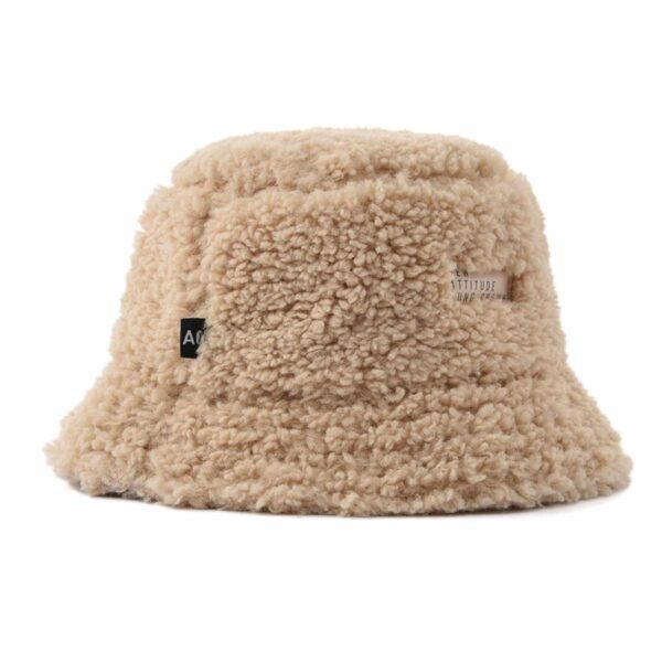 Aung Crown khaki shearling bucket hat with a black woven label on the side SFA-210408-1