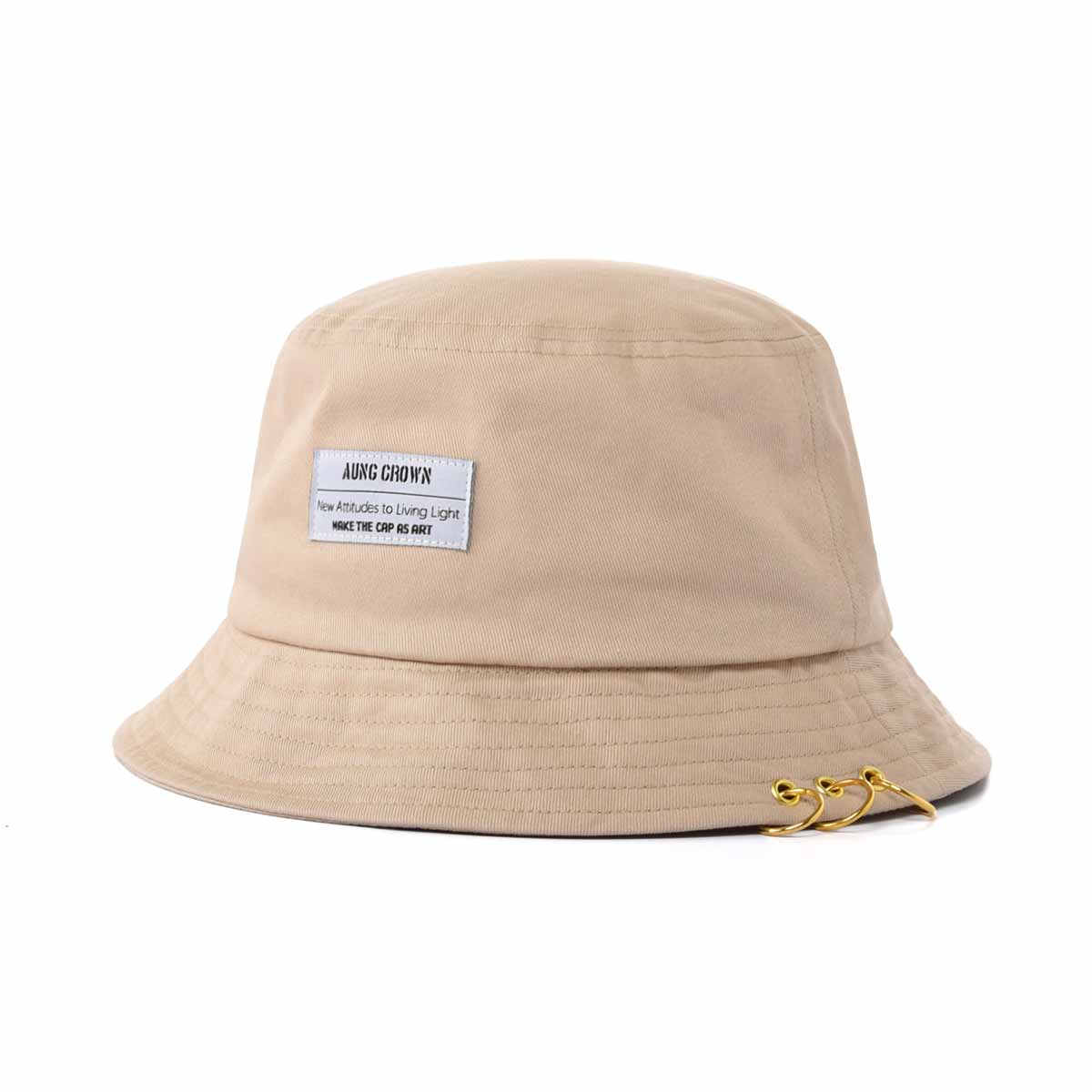 Aung Crown khaki woven bucket hat with metal rings SFA-210406-1