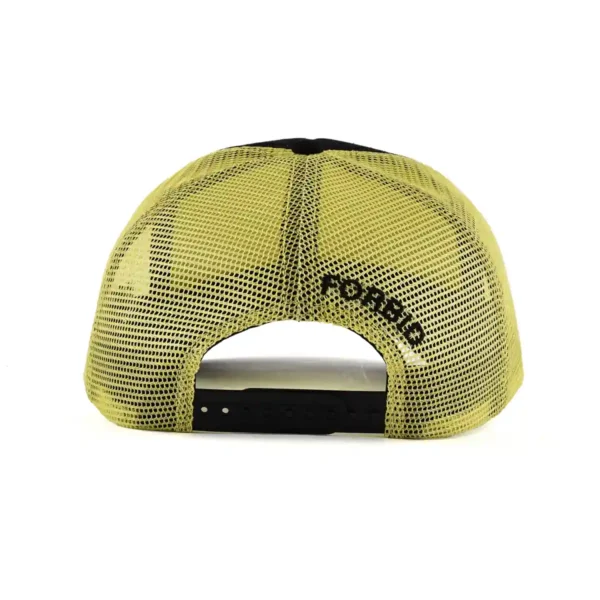 Aung Crown black and yellow trucker hat with a black plastic snap closure, a yellow mesh crown, and flat embroidery letters on the back KN2012091