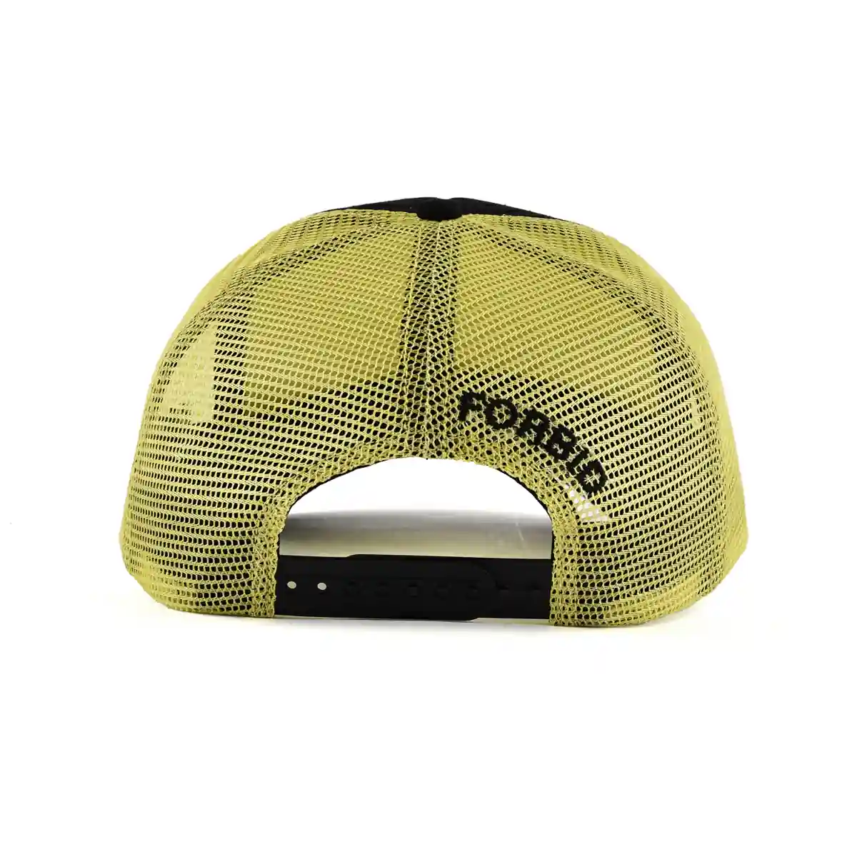 Aung Crown black and yellow trucker hat with a black plastic snap closure, a yellow mesh crown, and flat embroidery letters on the back KN2012091