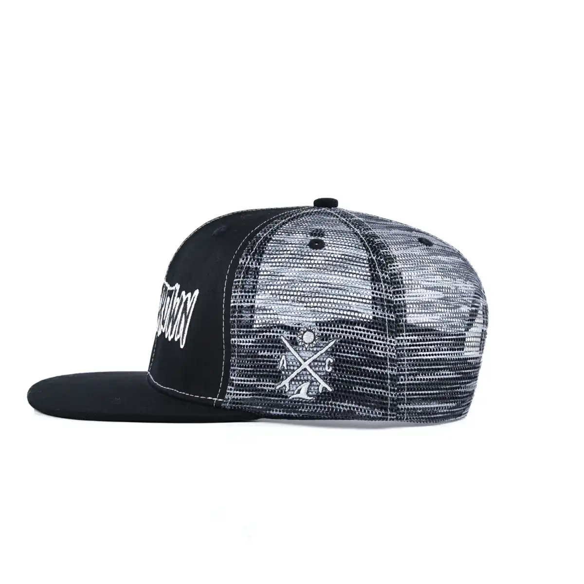 Aung Crown black flat brim embroidery trucker hat at the horizontal view KN2012111 Aung Crown black flat brim embroidery trucker hat at the horizontal view KN2012111