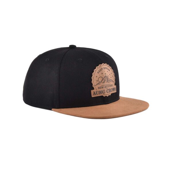 Aung Crown black snapback hat with a brown flat brim at the size view KN2012145