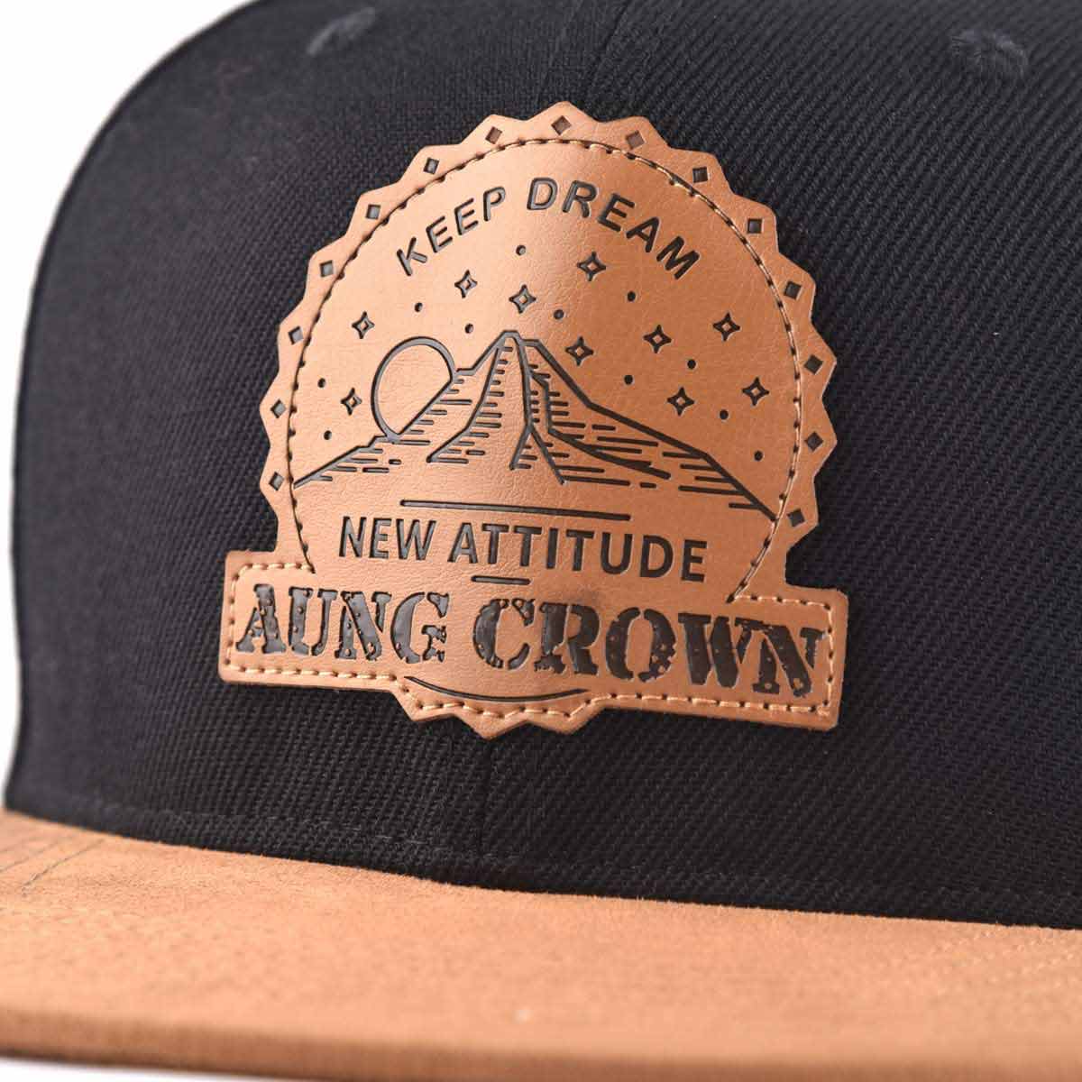 Aung Crown black snapback hat with embossed leather patch on the front KN2012145 Aung Crown black snapback hat with embossed leather patch on the front KN2012145