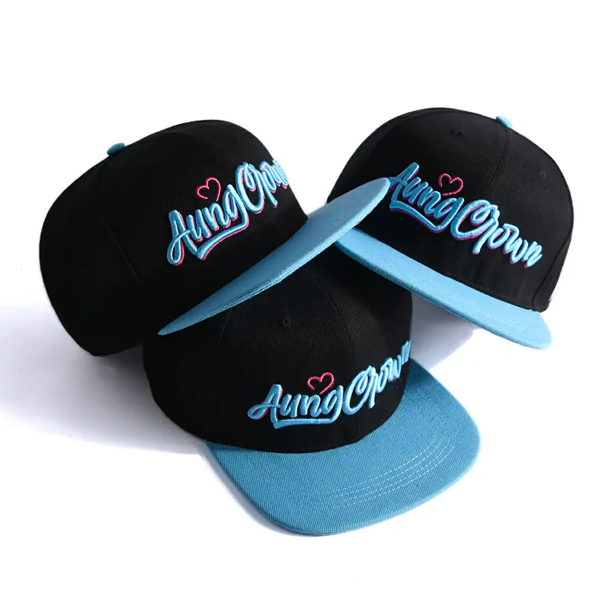 Aung Crown blue black snapback cap with a blue flat brim SFG-220402-1 Aung Crown blue black snapback cap with a blue flat brim SFG-220402-1