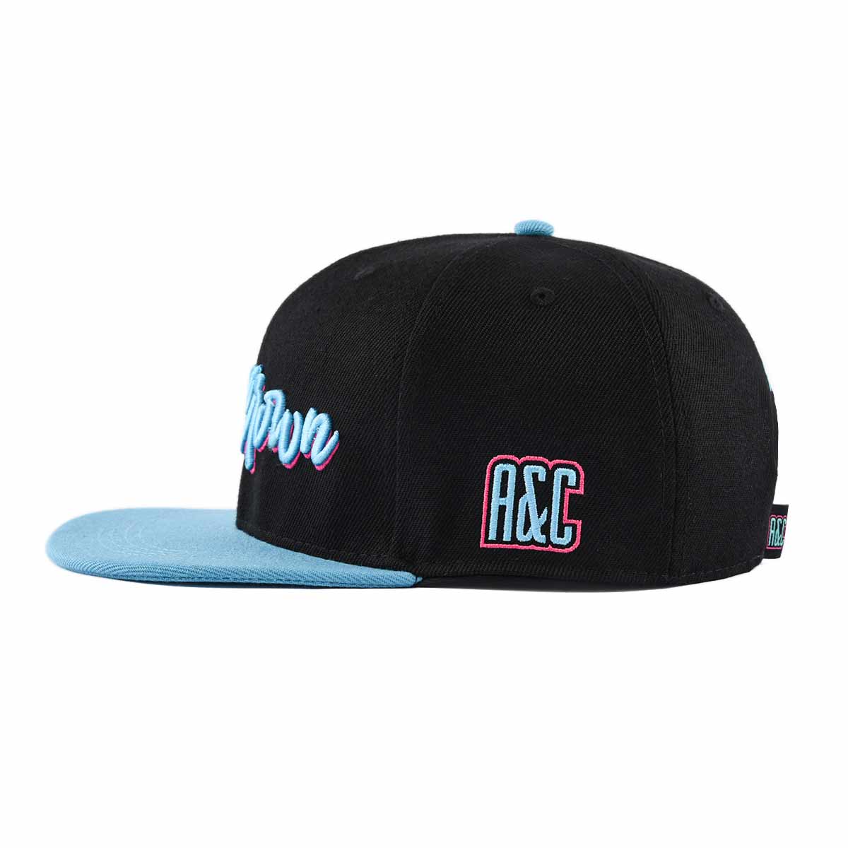 Aung Crown blue black snapback cap with flat enbroidery letters on the side SFG-220402-1 Aung Crown blue black snapback cap with flat enbroidery letters on the side SFG-220402-1