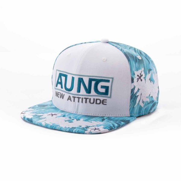 Aung Crown blue and white embroidered snapback hat with a flat brim SFA-210324-3