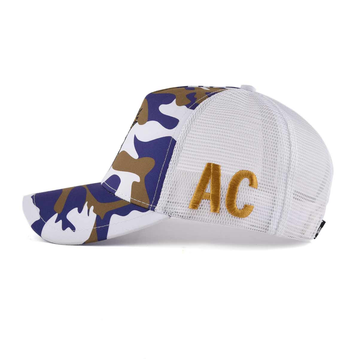 Aung Crown casual camouflage trukcer hat with yellow flat embroidery letters on the side KN2101031 Aung Crown casual camouflage trukcer hat with yellow flat embroidery letters on the side KN2101031