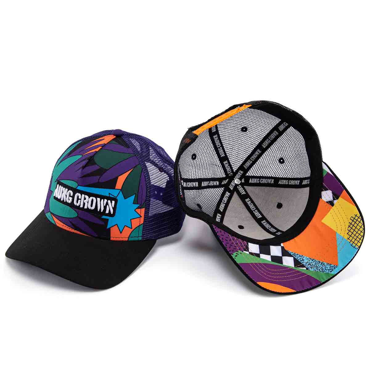 Aung Crown colorful printing trucker hat with a colorful lower brim KN2103191 Aung Crown colorful printing trucker hat with a colorful lower brim KN2103191
