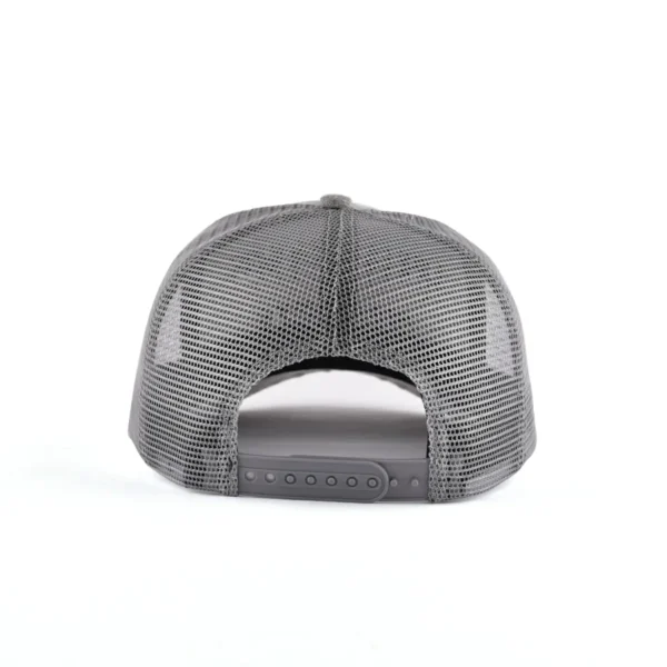 Aung Crown fashion gray trucker hat with a plastic snap closure and a mesh back at the back ACNA2011122