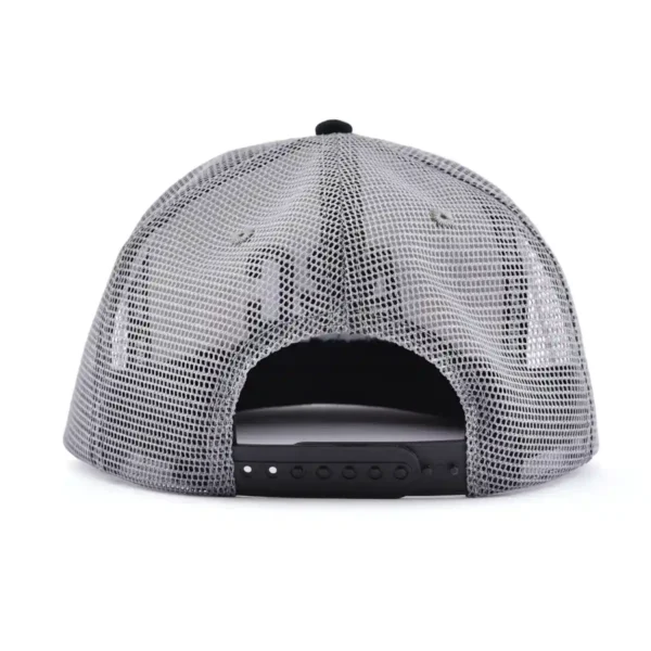 Aung Crown fashion white and black trucker hat with a black plastic snap and a gray mesh back KN2103033