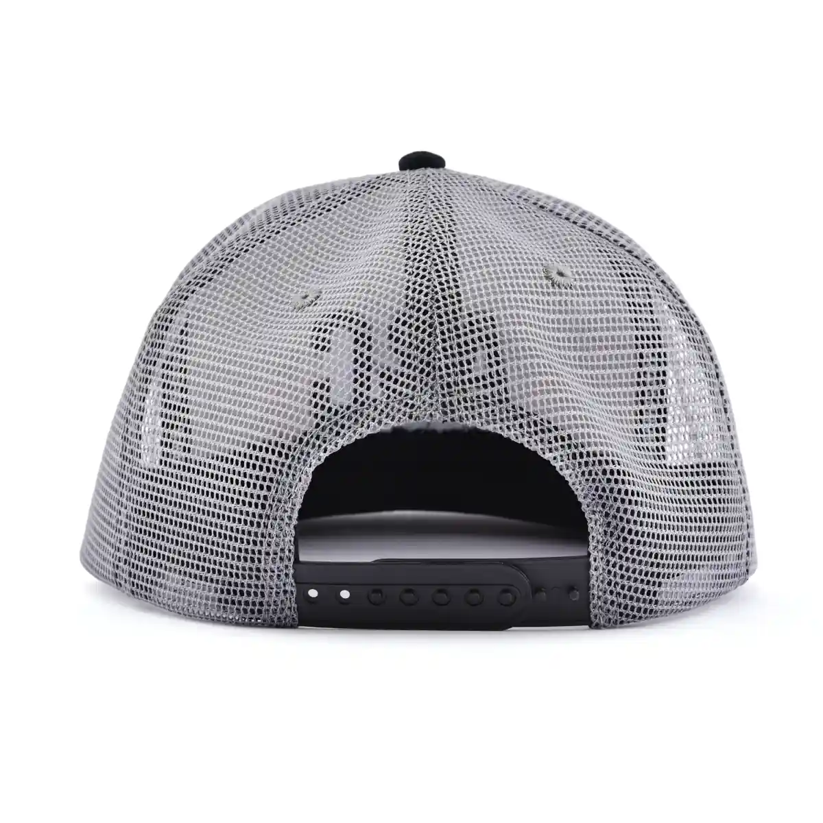 Aung Crown fashion white and black trucker hat with a black plastic snap and a gray mesh back KN2103033 Aung Crown fashion white and black trucker hat with a black plastic snap and a gray mesh back KN2103033