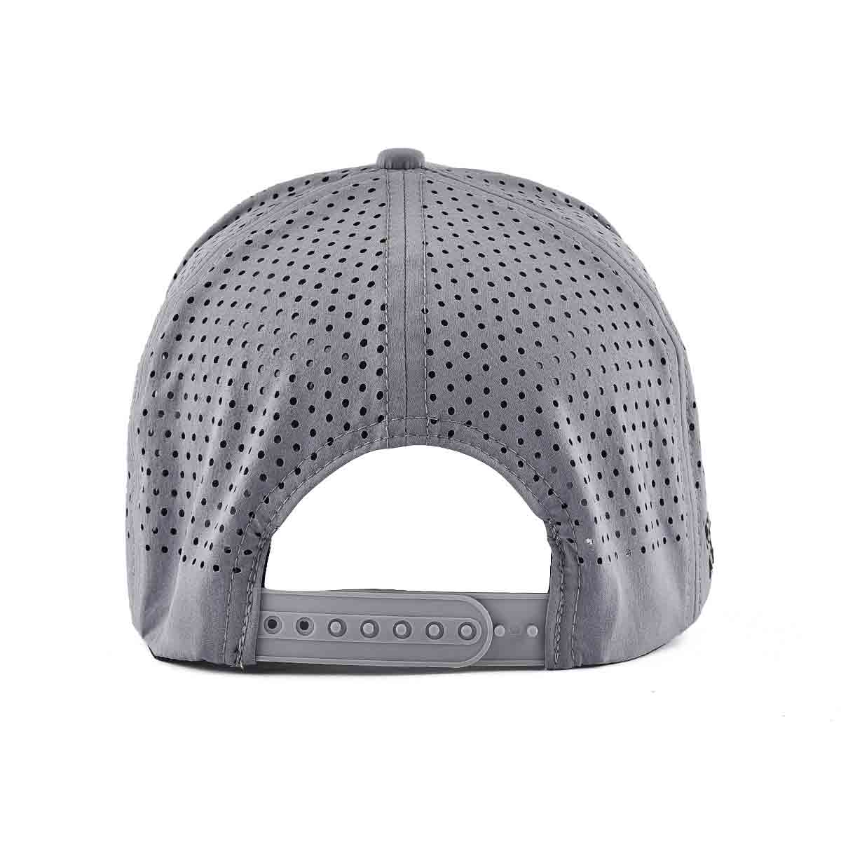 Aung Crown grey custom embroidred trucker hat with a grey plastic snap closure and a laser-hole back KN2012181 Aung Crown grey custom embroidred trucker hat with a grey plastic snap closure and a laser-hole back KN2012181
