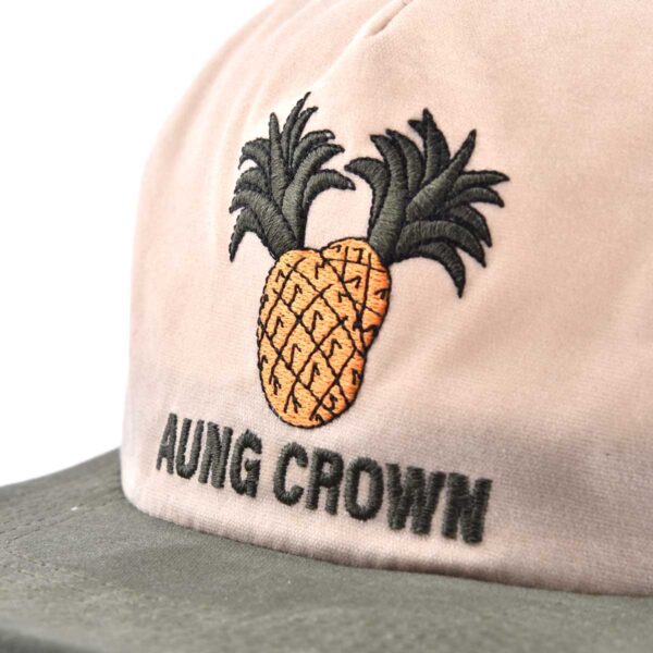 Aung Crown khaki snapback hat with flat embroidery letters and a pineapple at the front panel KN2103013