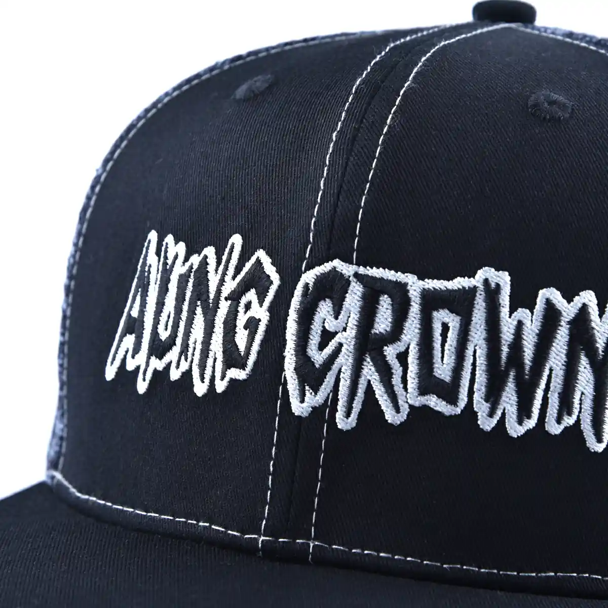 Aung Crown men's black flat brim trucker hat with flat embroidery letters on the front KN2012111 Aung Crown men's black flat brim trucker hat with flat embroidery letters on the front KN2012111