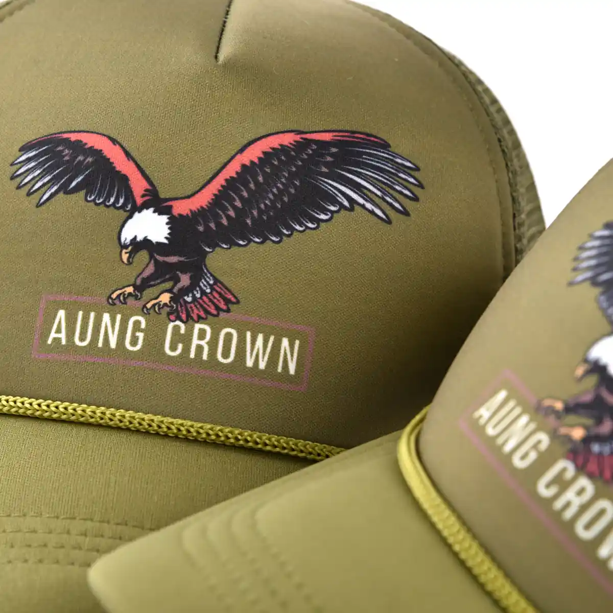 Aung Crown men's green trucker hat with a digital printing logo on the front AC201024-80 Aung Crown men's green trucker hat with a digital printing logo on the front AC201024-80