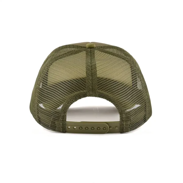 Aung Crown men's green trucker hat with a mesh back and a green plastic snap closure at the back AC201024-80