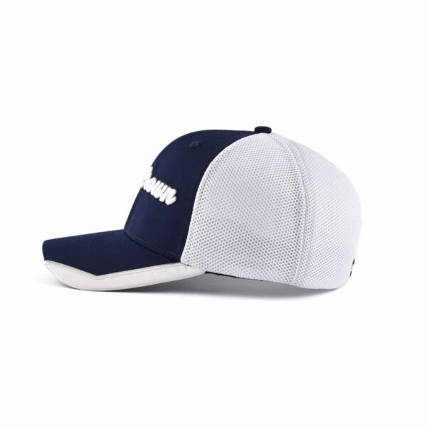 Aung Crown men's sports white and blue trucker hat at the horizontal view KN2012121