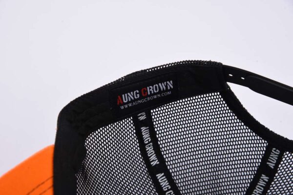 Aung Crown orange-black youth trucker hat with an inner label on the sweatband SFA-210415-2