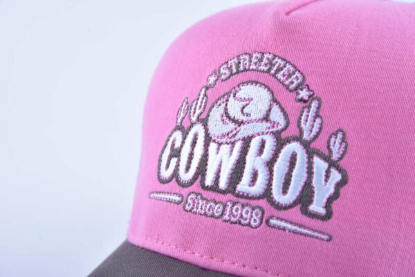 Aung Crown pink-white-grey custom embroidery trucket hat with flat embroidery patterns on the front KN2012103