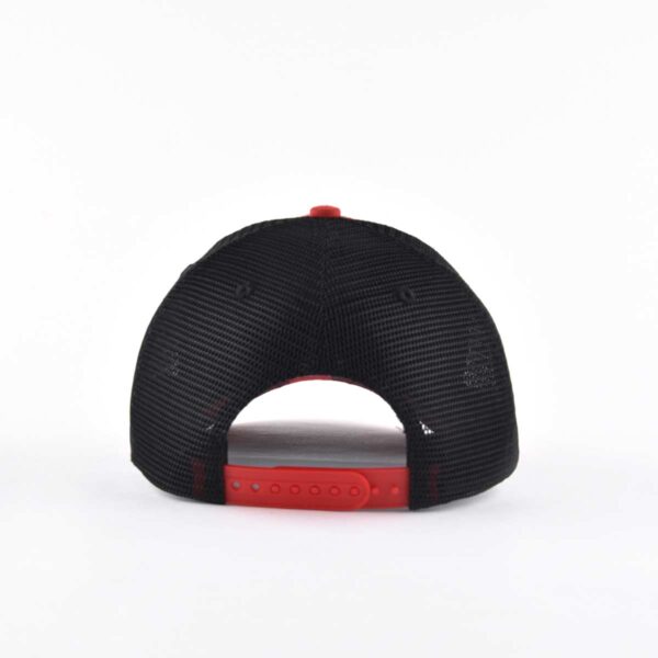 Aung Crown plaid red and black trucker hat with a red plastic snap closure and a black mesh back KN2012072