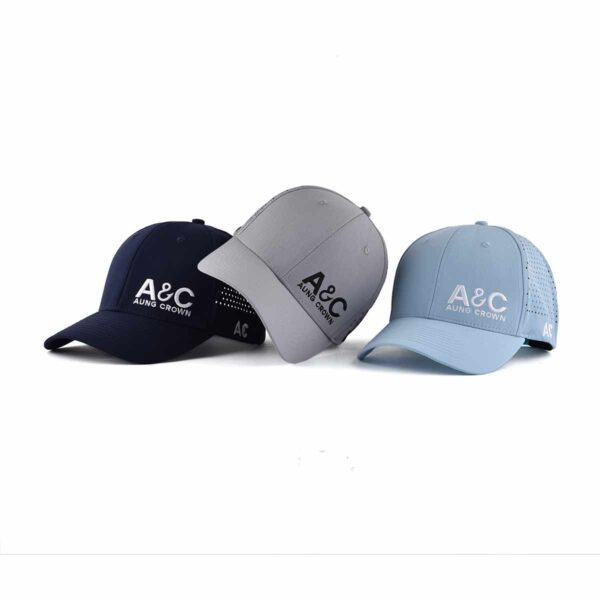 Aung Crown sports custom embroidered trucker hat in grey, light blue, or dark blue KN2012181