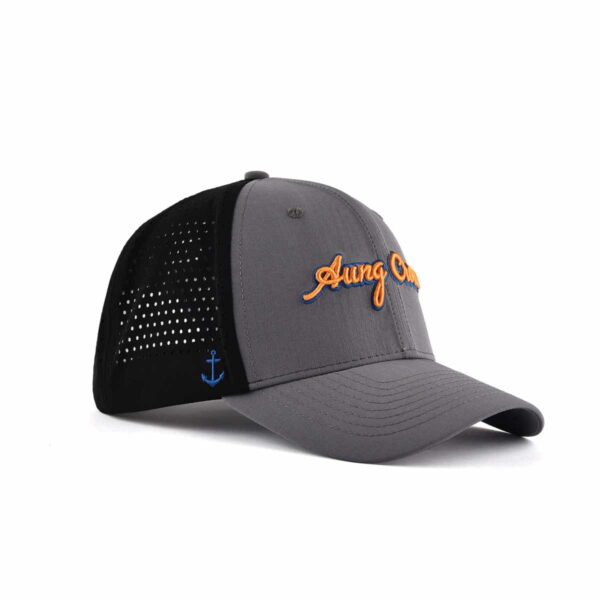 Aung Crown sporty grey trucker hat for women and men at the side view KN2012042