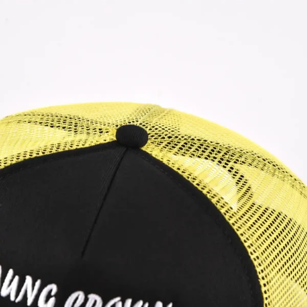 Aung Crown unisex black and yellow trucker hat with a black top button KN2012091