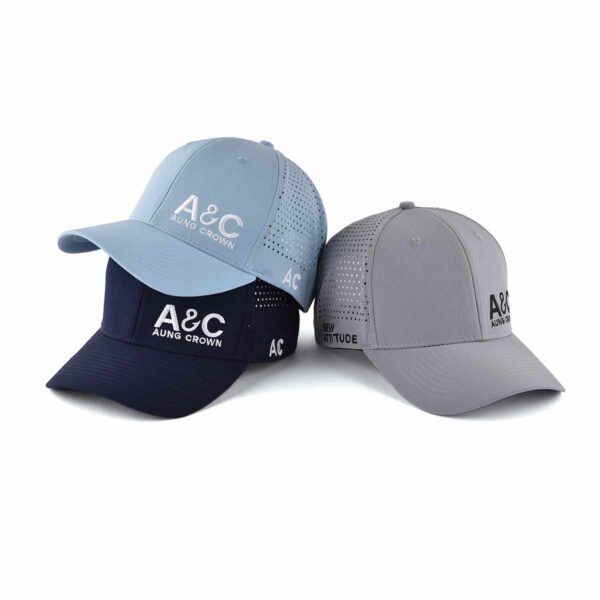 Aung Crown unisex custom embroidered trucker hat in grey, light blue, or dark blue KN2012181