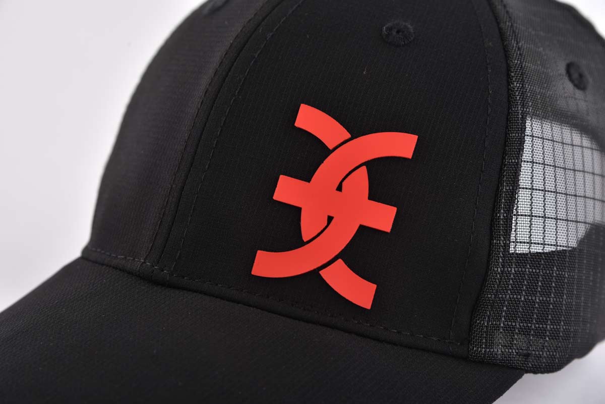 Streeter black curved brim trucker hat with red letter on the side front KN2012141 Streeter black curved brim trucker hat with red letter on the side front KN2012141