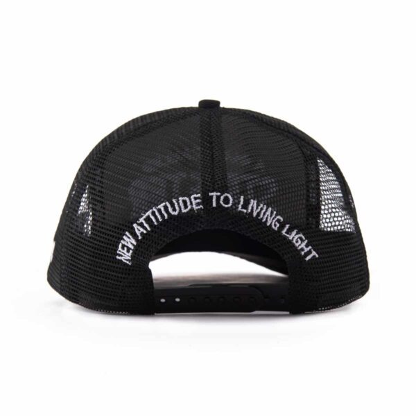 Streeter black fashion trucker hat with a plastic snap and flat embroidery letters on the back KN2103081