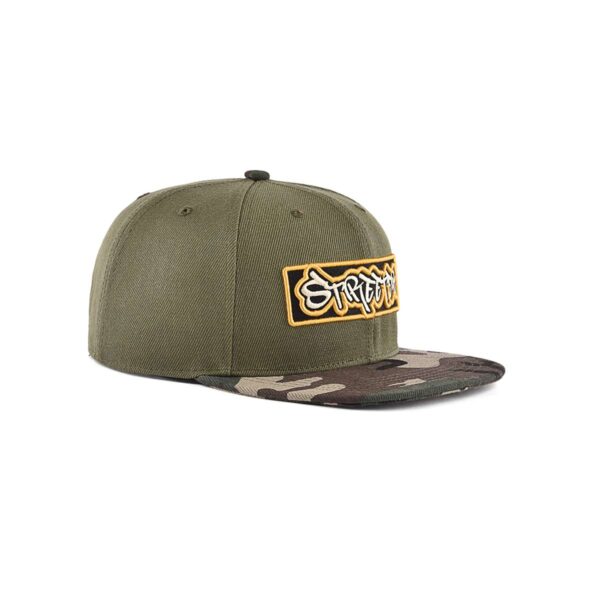 Streeter men's casual olive green snapback hat with a camo flat brim KN2012241