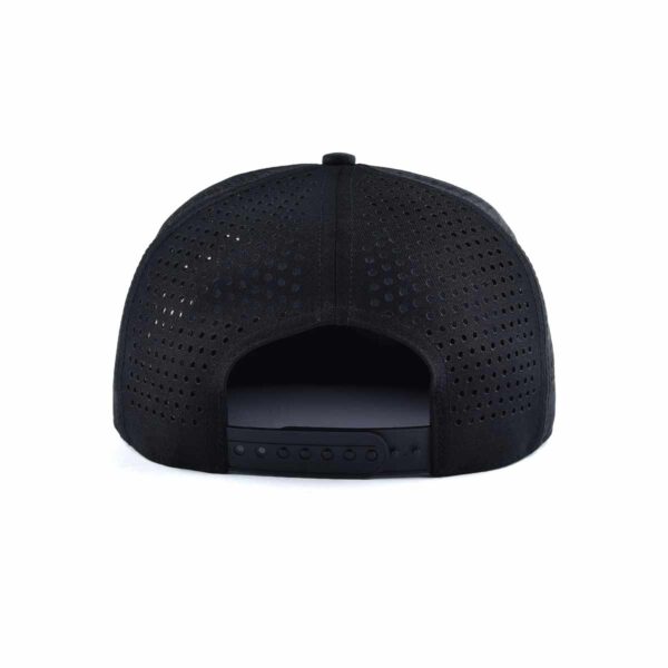 Streeter sports black and red trucker hat with a mesh back and a black plastic snap closure at the back KN20112701