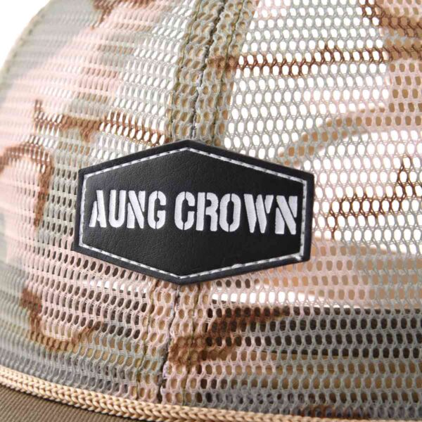 Aung Crown 6-panel khaki trucker hat with an embossed leather patch on the front SFA-210409-1