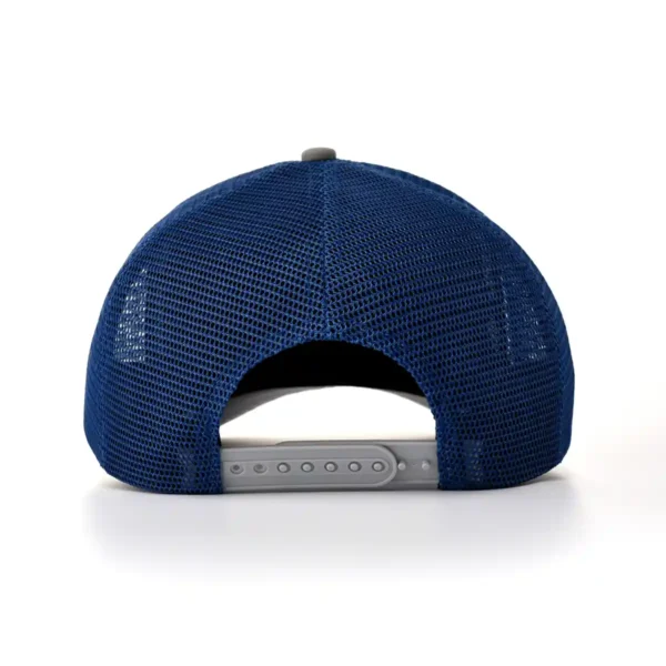 Aung Crown fashion baseball trucker hat with a gray plastic snap and a blue mesh back SFA-210415-2