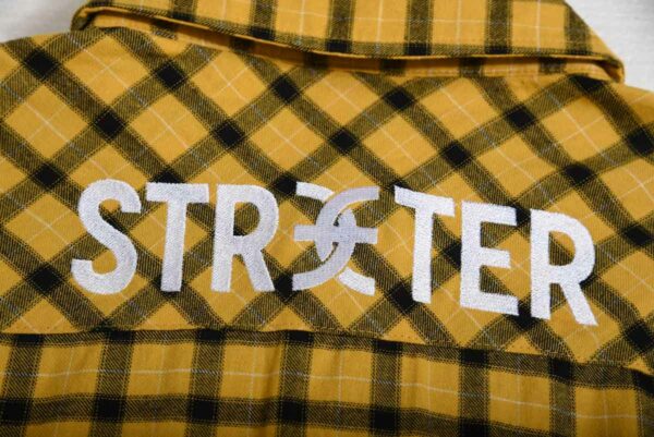 back embroidery letter on mens yellow check shirt SFA-210331-4